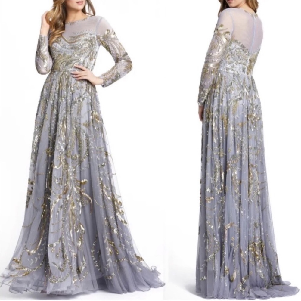 Mac Duggal long sleeves Embellished illusion evening gown